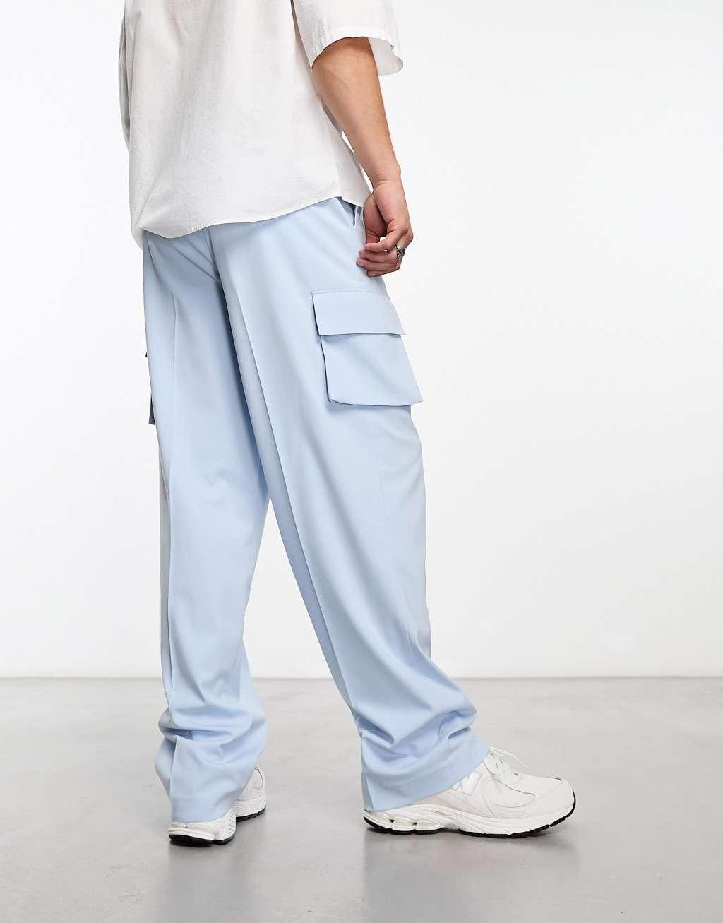 ASOS DESIGN smart wide leg cargo pants in dusty blue Product Image