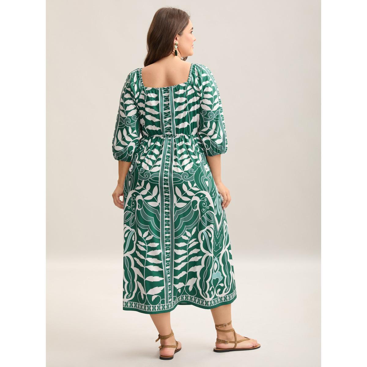 Plus Size Leafy Print Puff Sleeve Pockets Midi Dress Emerald Women Heart neckline Elbow-length sleeve Curvy BloomChic 26/4X Product Image