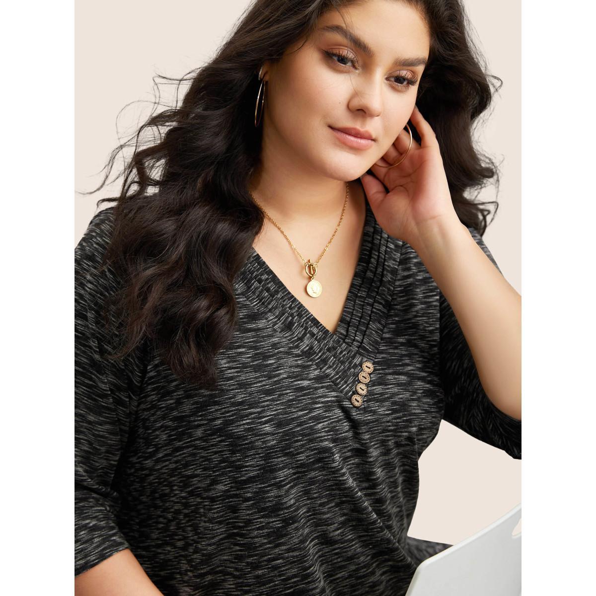 Plus Size Heather Pleated Button Detail T-shirt Black Women Casual Pleated Plain V-neck Everyday T-shirts BloomChic 30/6X Product Image