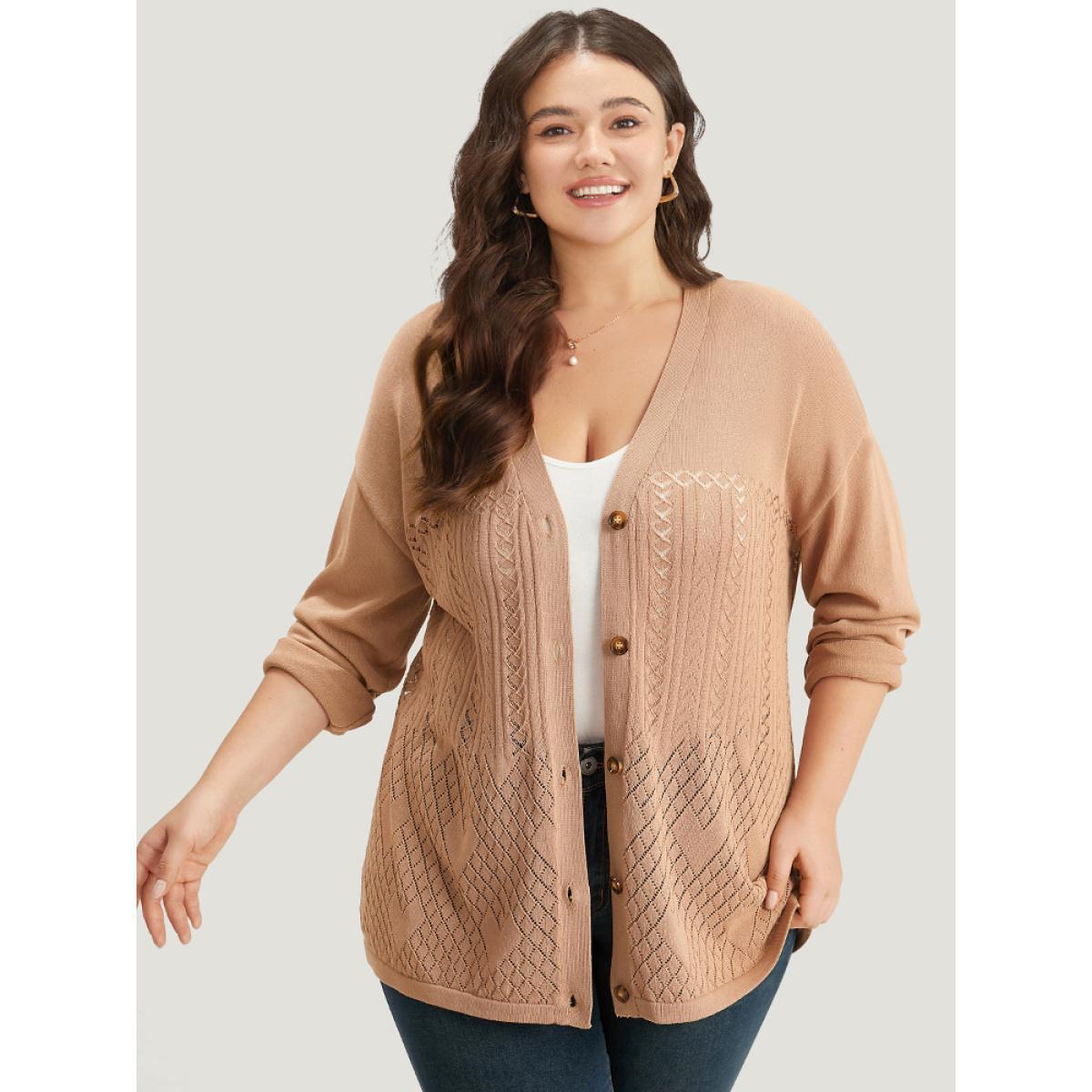 Plus Size Geometric Hollow Out Button Up Cardigan Tan Women Casual Loose Long Sleeve Everyday Cardigans BloomChic 14-16/1X Product Image