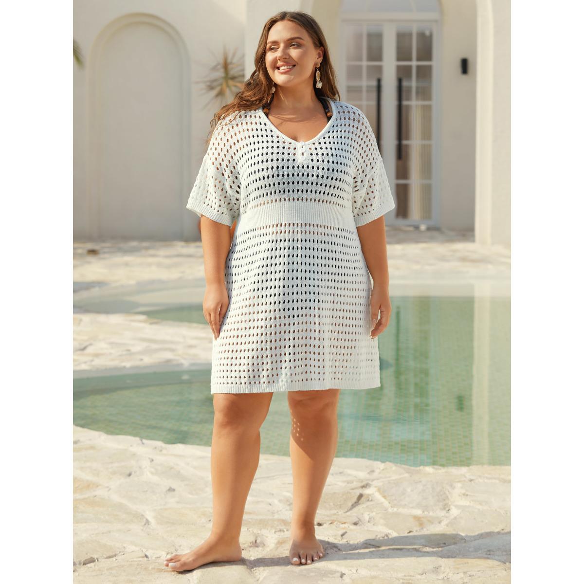 Plus Size Cut-Out Waist-Cinched Button Swim Cover-Up Women's Swimwear Ivory Beach Loose Cut-Out Curve Swim Cover Ups BloomChic 30/6X Product Image