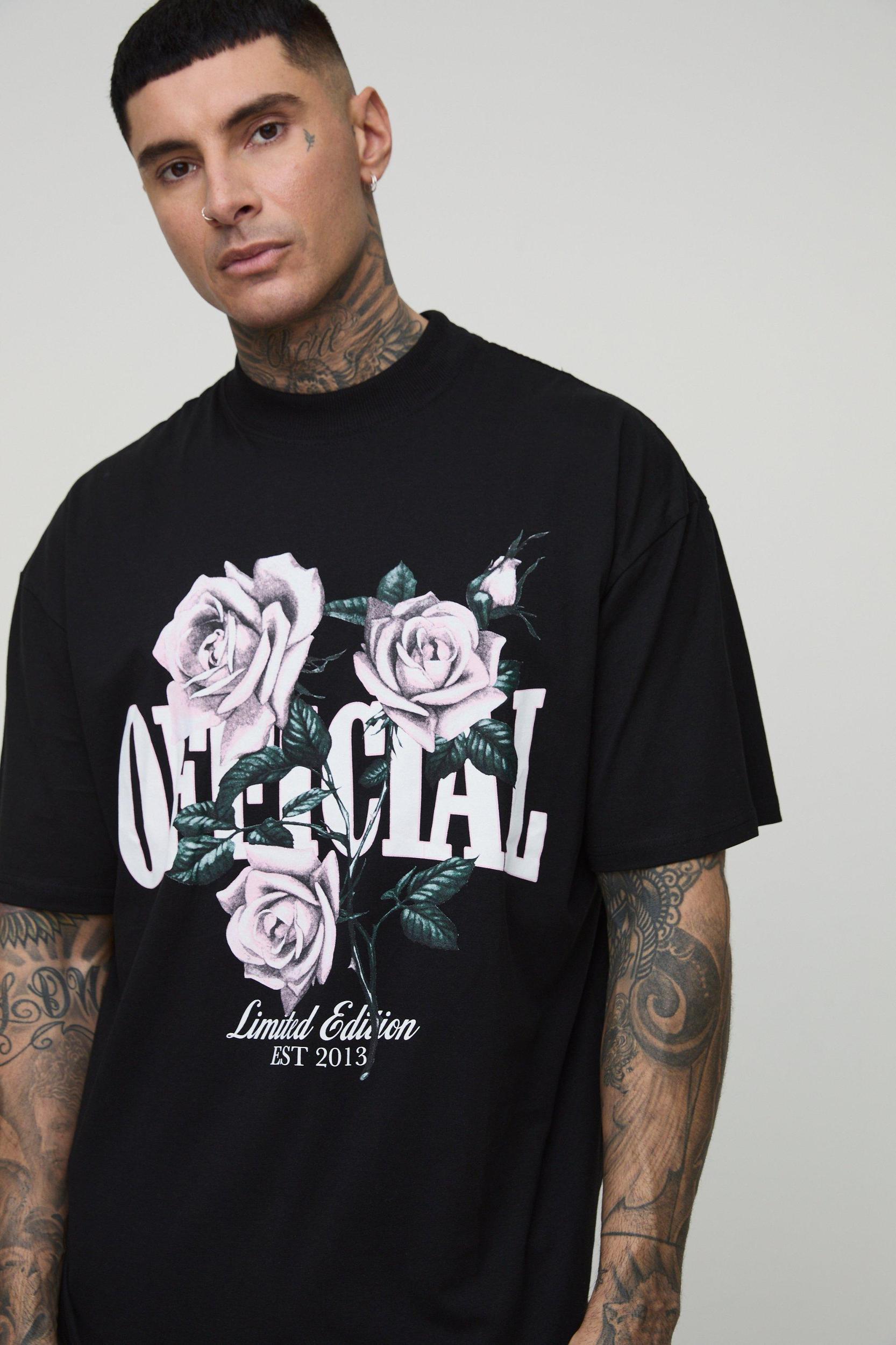 Tall Oversized Extended Neck Official Floral Print T-Shirt | boohooMAN USA Product Image