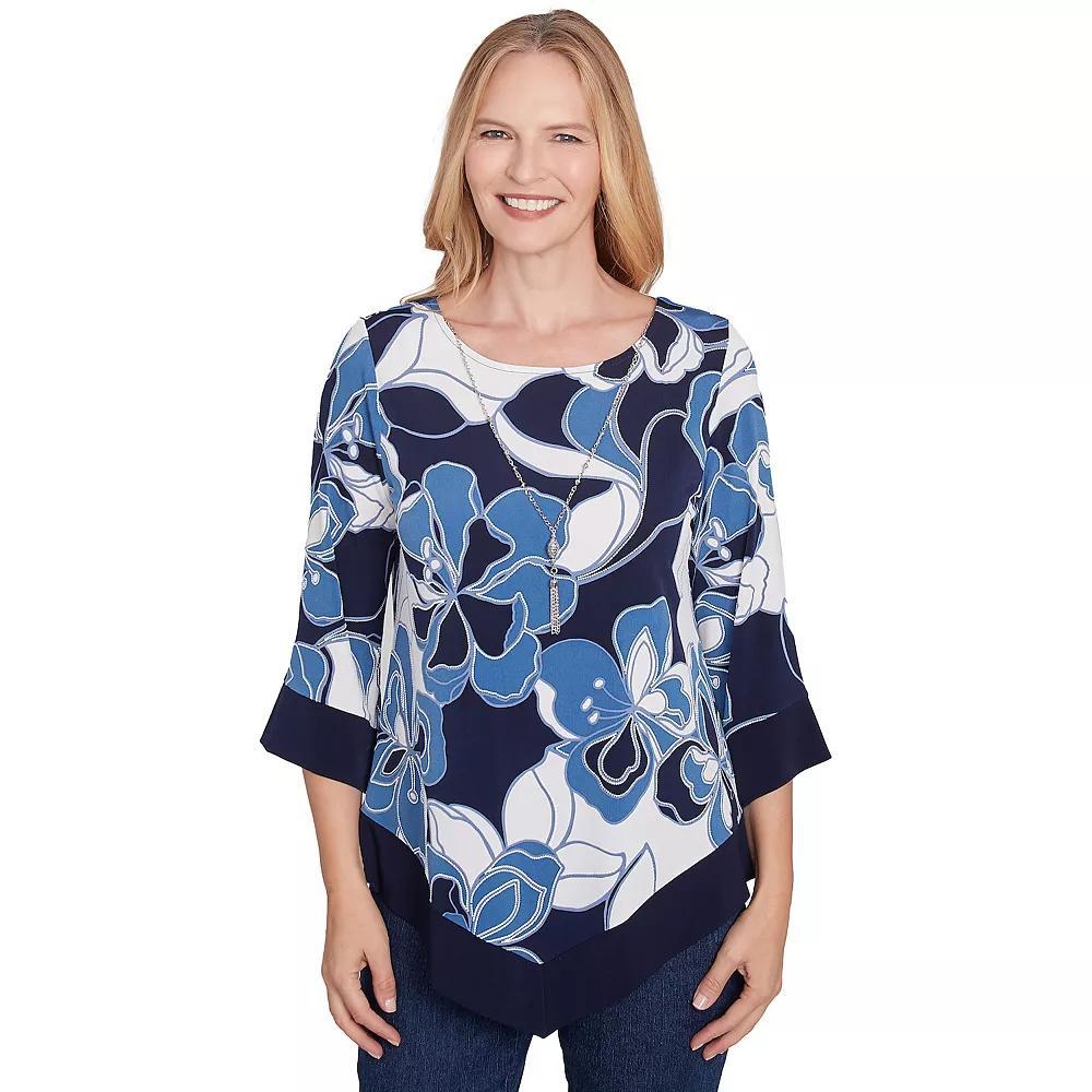 Women's Alfred Dunner Abstract Bold Floral Patchwork Top with Necklace, Size: Medium, Blue Product Image