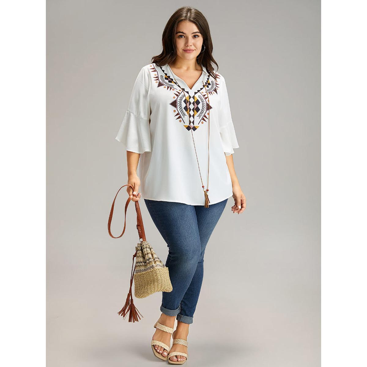 Plus Size White Bandana Patchwork Tassel Trim Flutter Sleeve Blouse Women Vacation Half Sleeve Tie Neck Vacation Blouses BloomChic 30/6X Product Image