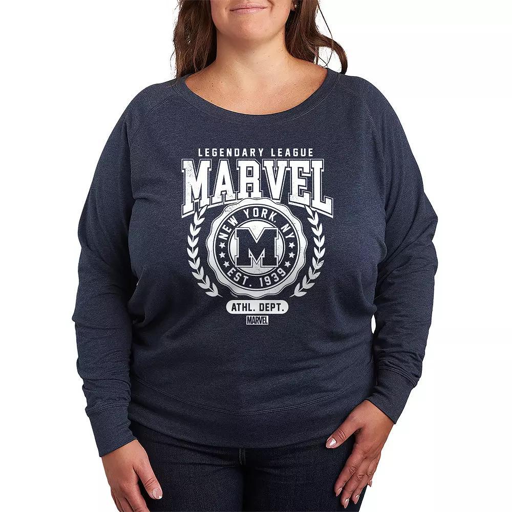 Plus Size Marvel Collegiate League French Terry Long Sleeve Tee, Womens Grey Light Blue Product Image