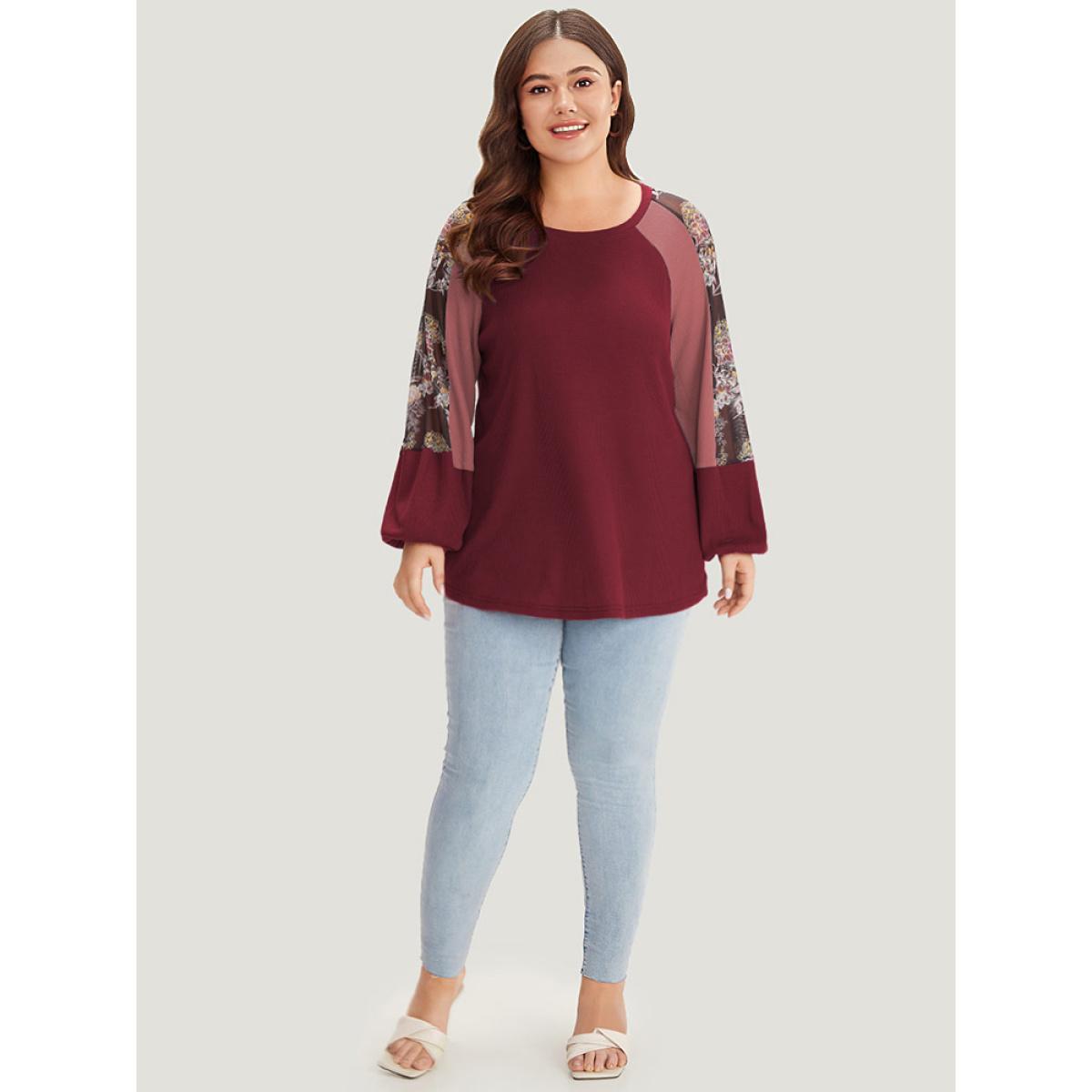 Plus Size Floral Mesh Patchwork Lantern Sleeve Sweatshirt Women Scarlet Elegant Patchwork Round Neck Dailywear Sweatshirts BloomChic 14-16/1X Product Image