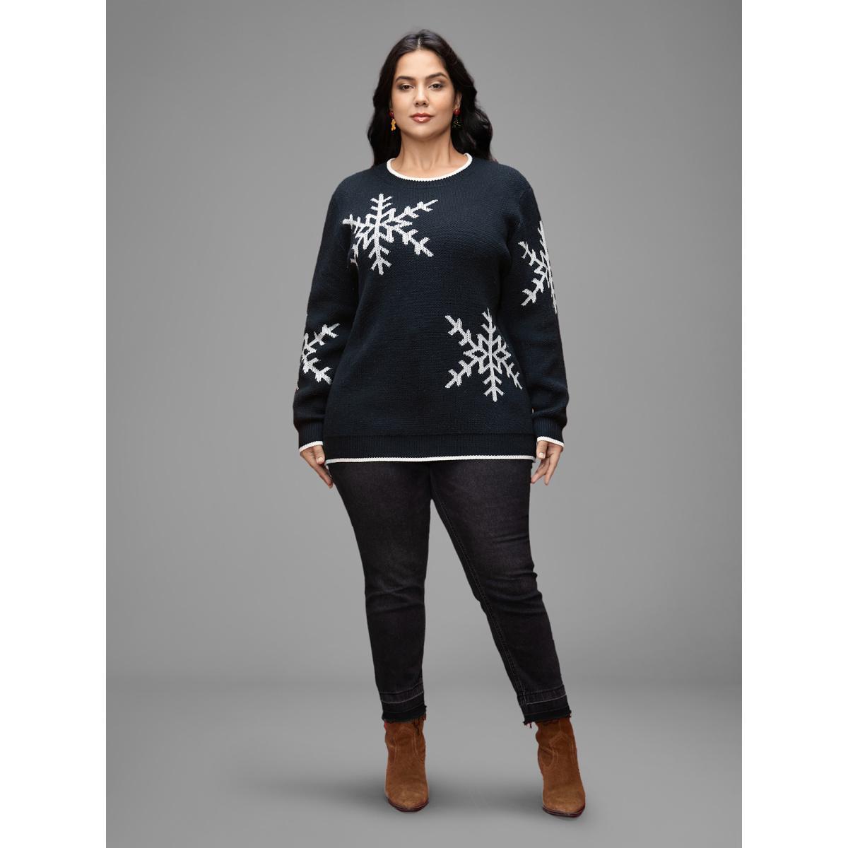 Plus Size Snowflakes Pattern Contrasting Hem Pullover Indigo Women Casual Loose Long Sleeve Round Neck Everyday Pullovers BloomChic 22-24/3X Product Image