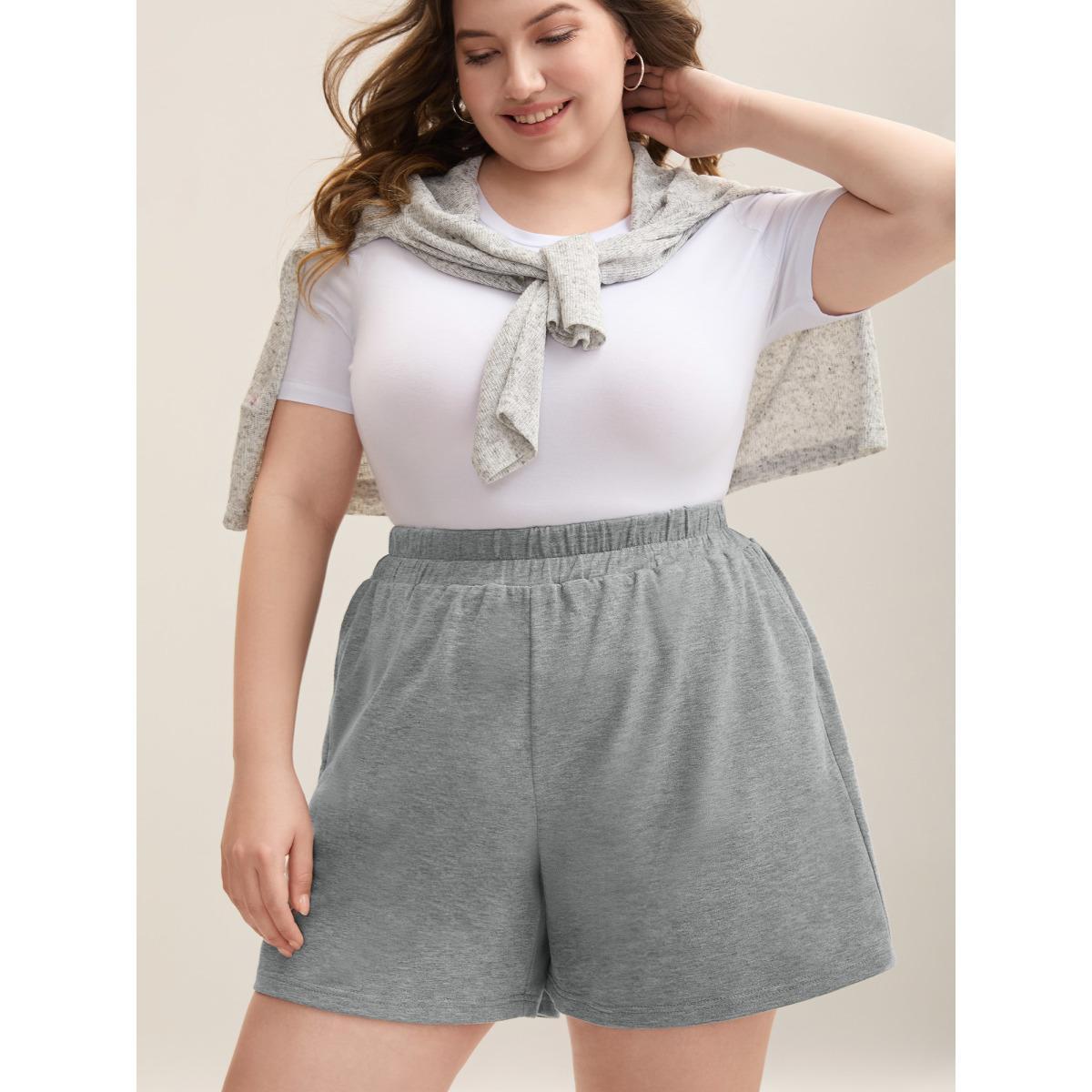 Plus Size Textured Stretchy Waist Solid Short Women LightGray Casual Loose Everyday Shorts BloomChic 28/5X Product Image
