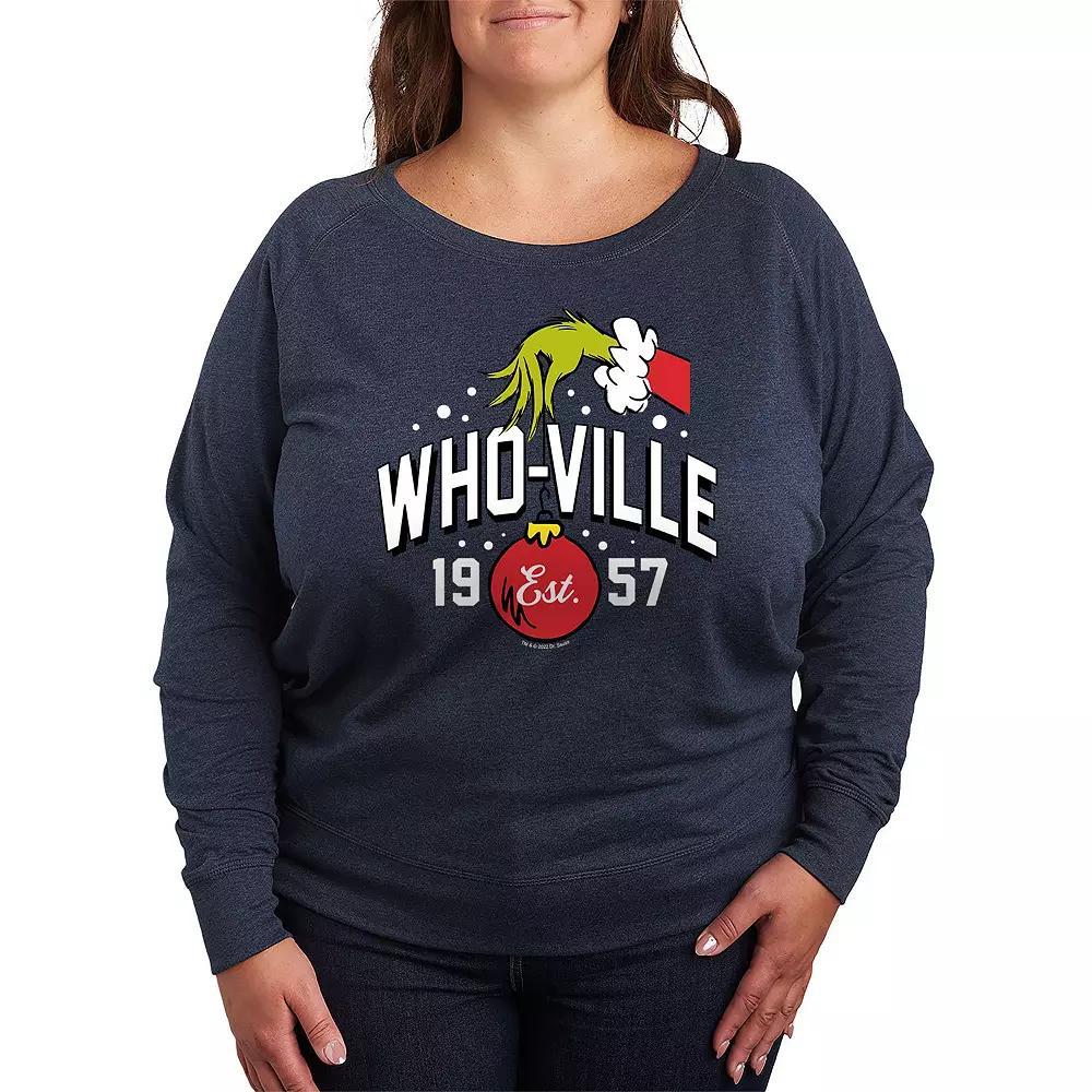 Plus Size Dr. Seuss The Grinch Whoville Hand French Terry Long Sleeve Tee, Womens Grey Indigo Product Image