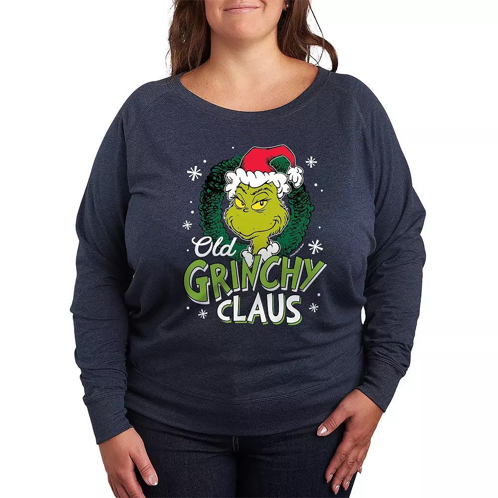 Plus Size Dr. Seuss Old Grinchy Claus French Terry Long Sleeve Tee, Womens Grey Indigo Product Image