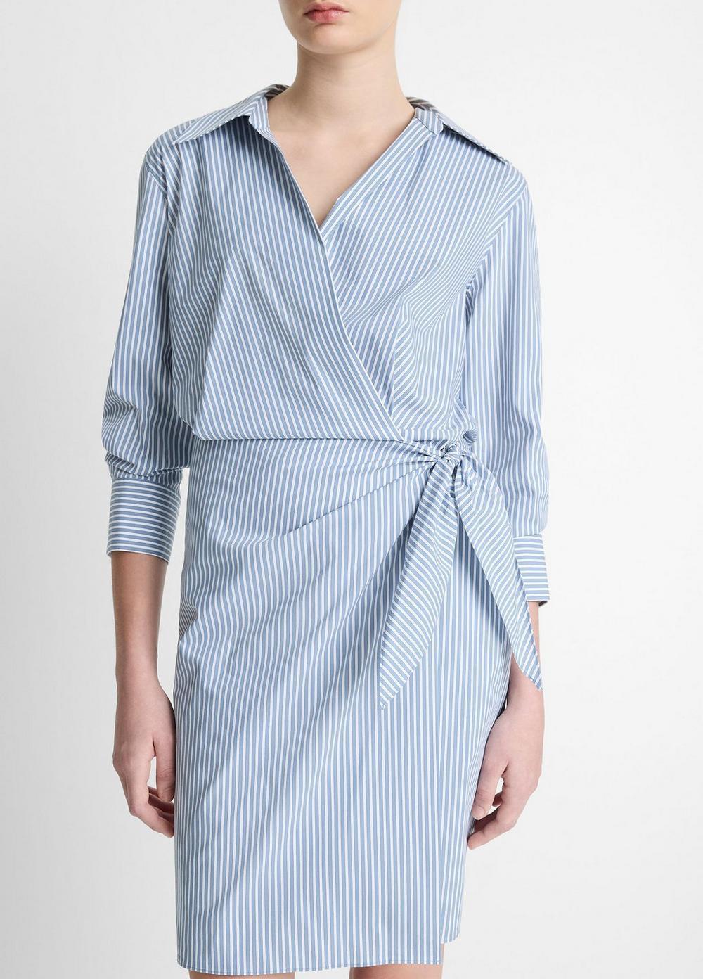 Womens Furrow Stripe Cotton-Blend Wrap Dress, Coastal Blue/off White, Size M Vince Product Image