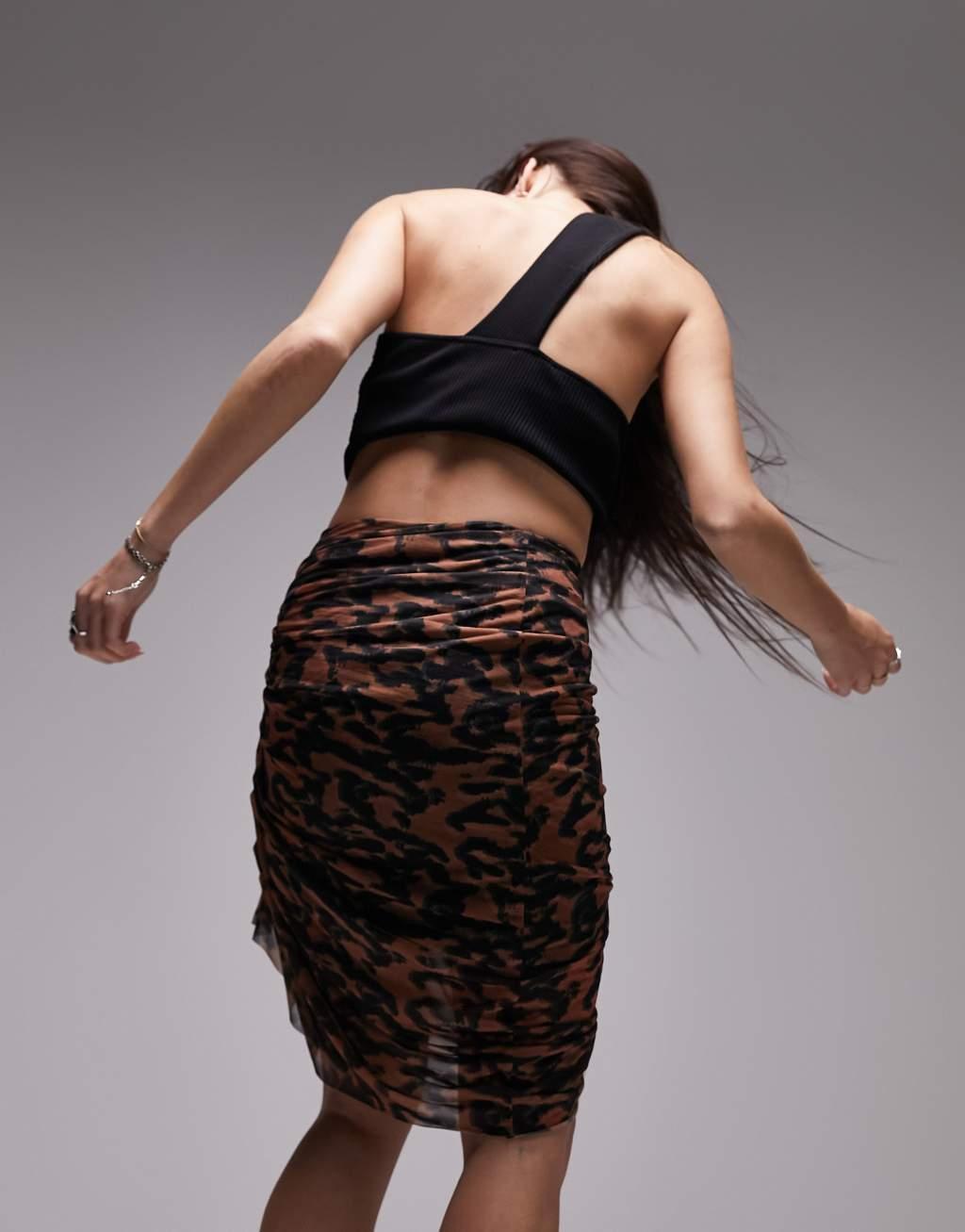 Topshop ruched animal print asymmetric mini skirt Product Image