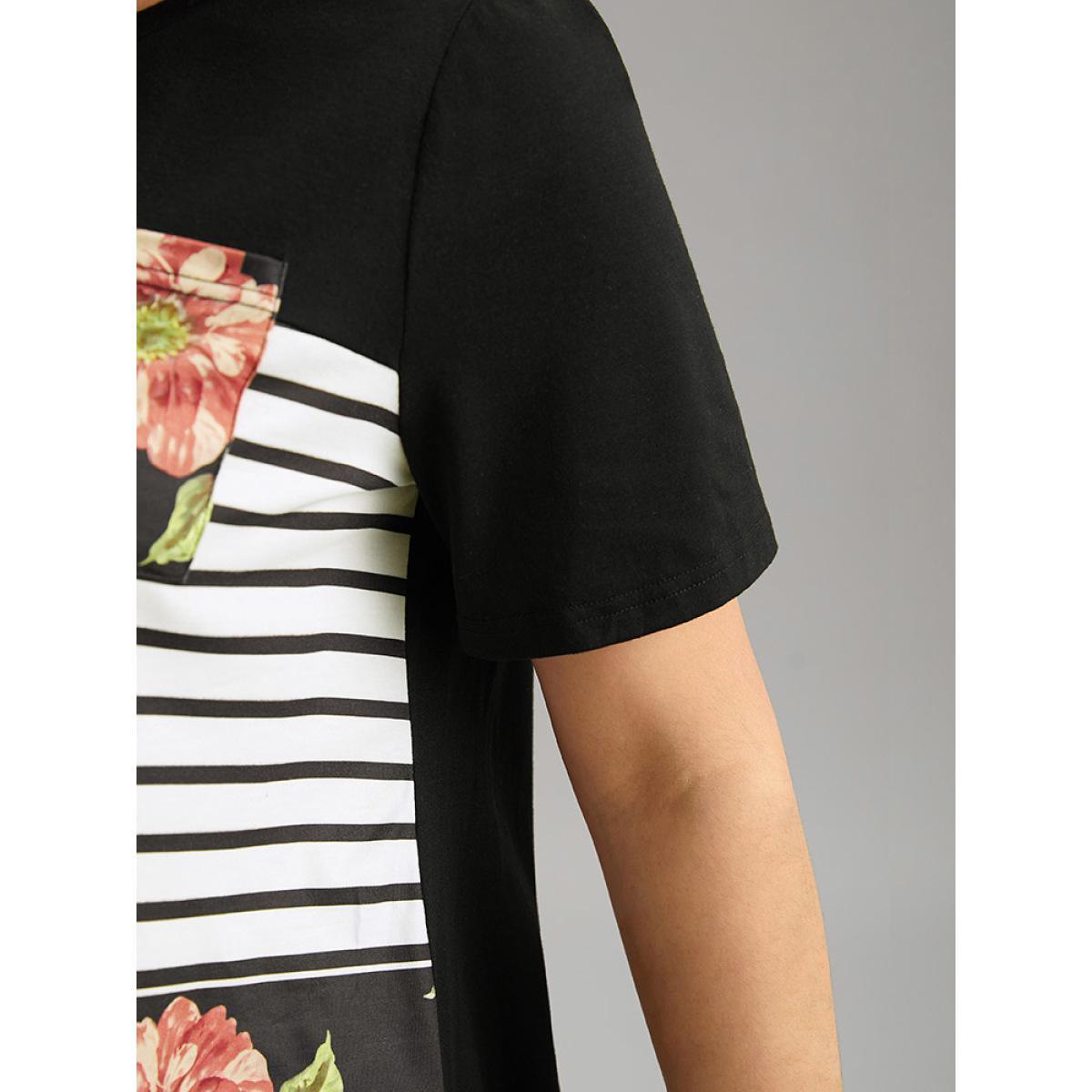 Plus Size Floral Striped Patchwork Patched Pocket T-shirt Black Women Casual Printed Striped Round Neck Dailywear T-shirts BloomChic 10/M Product Image