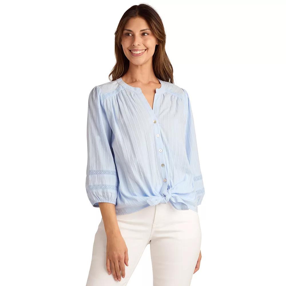 Women's AB Studio Three Quarter Sleeve Button Front Y-Neck Shirt, Size: XS, Light Blue Product Image