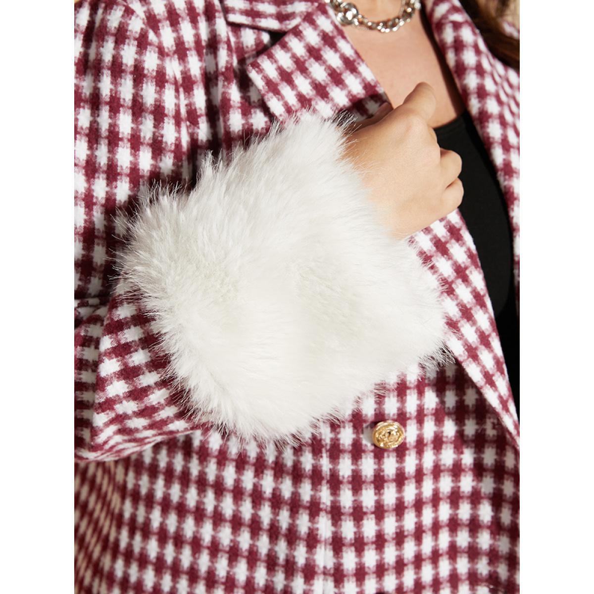 Plus Size Gingham Fuzzy Trim Button Front Blazer Scarlet Women Dailywear Gingham Button Sleeve Long Sleeve Suit Collar 26/4X Elegant Blazers BloomChic Product Image