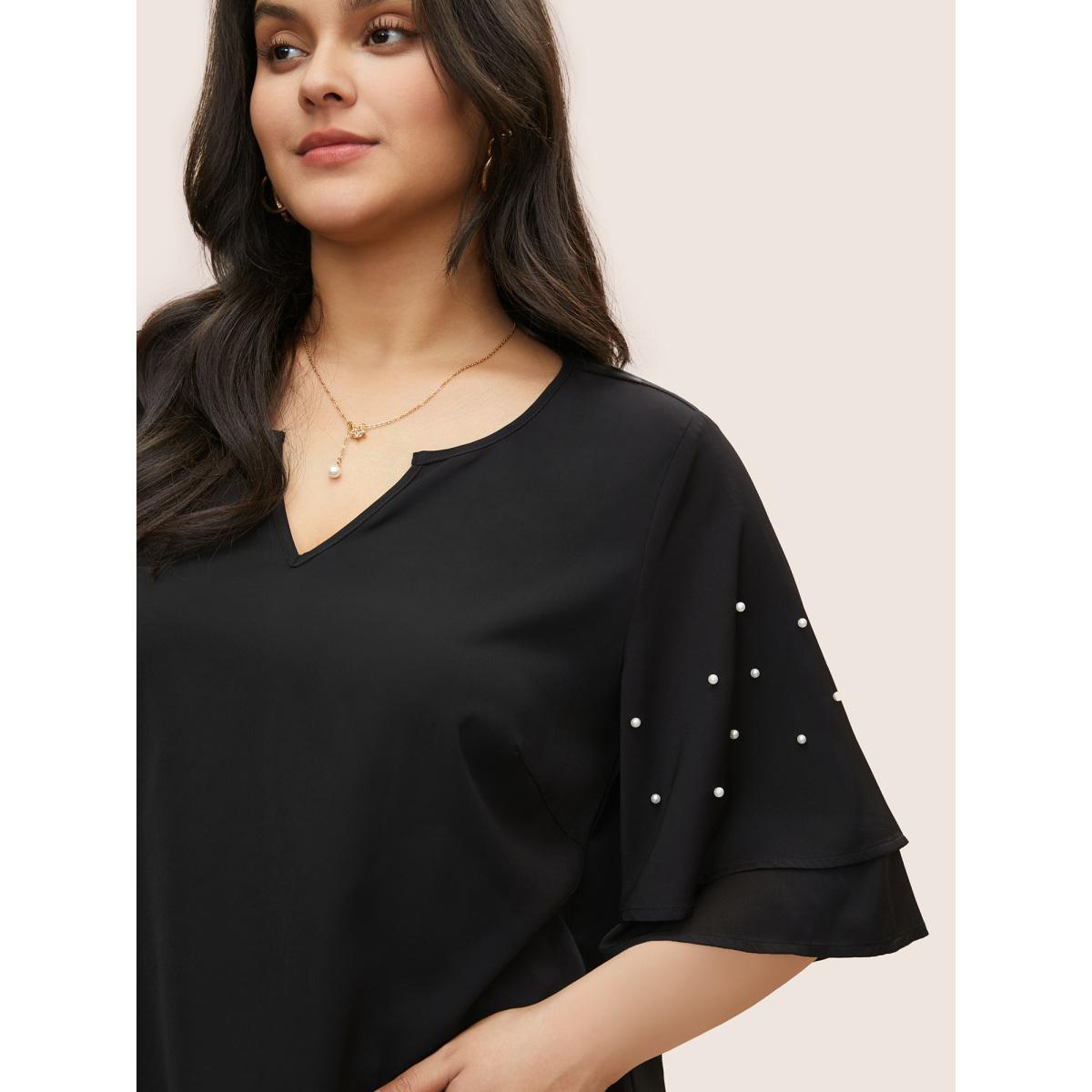 Plus Size Black Solid Pearl Beaded Ruffle Layered Sleeve Blouse Women Elegant Short sleeve V-neck Everyday Blouses BloomChic 14-16/1X Product Image