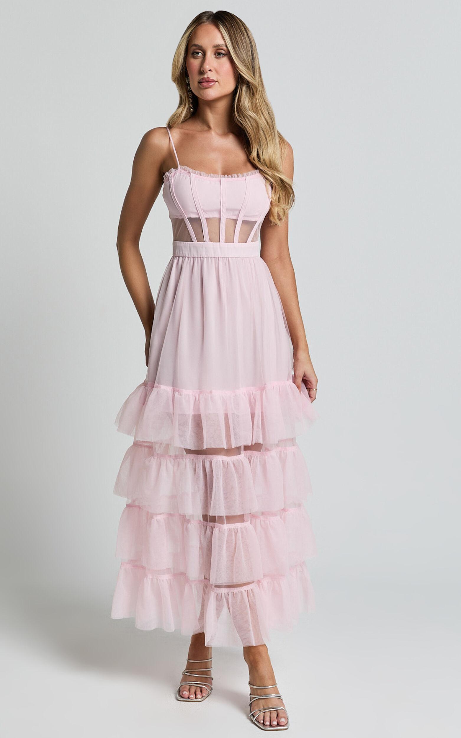 Evelynn Midi Dress - Sweetheart Corset Bodice Fit & Flare Tiered in Ballet Pink Product Image