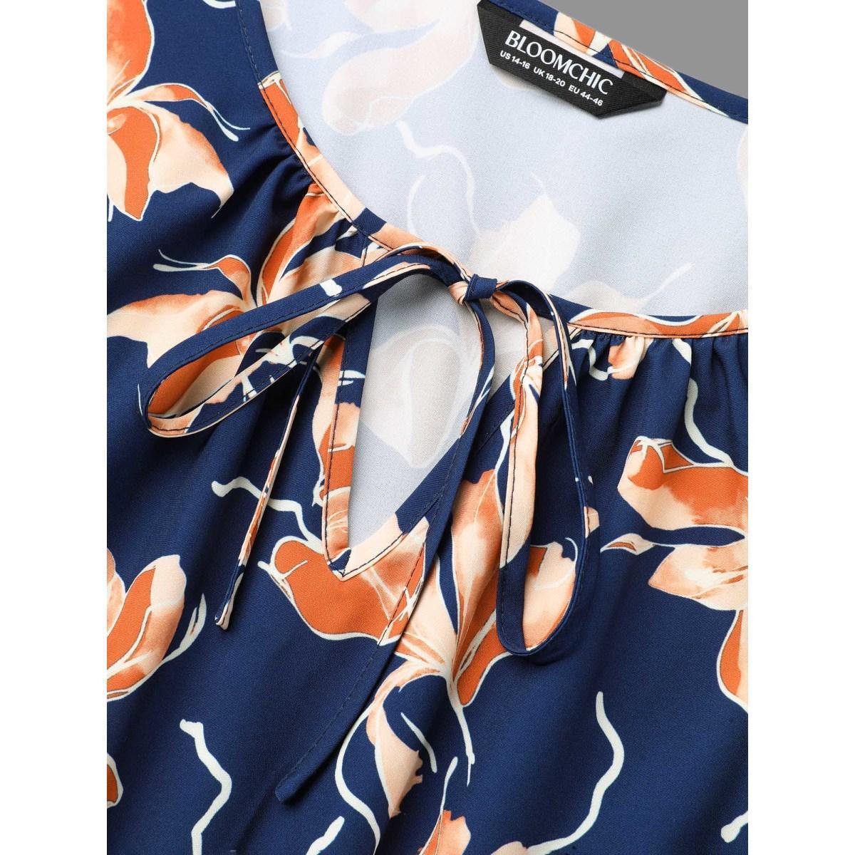Plus Size Tropical Flower Print Pockets Waist-Tie Midi Dress Navy Women Elegant Tie knot Round Neck Long Sleeve Curvy BloomChic 22-24/3X Product Image