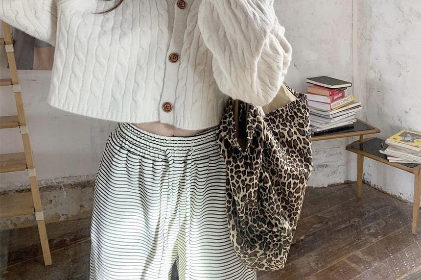 V-Neck Plain Cable Knit Cardigan Product Image