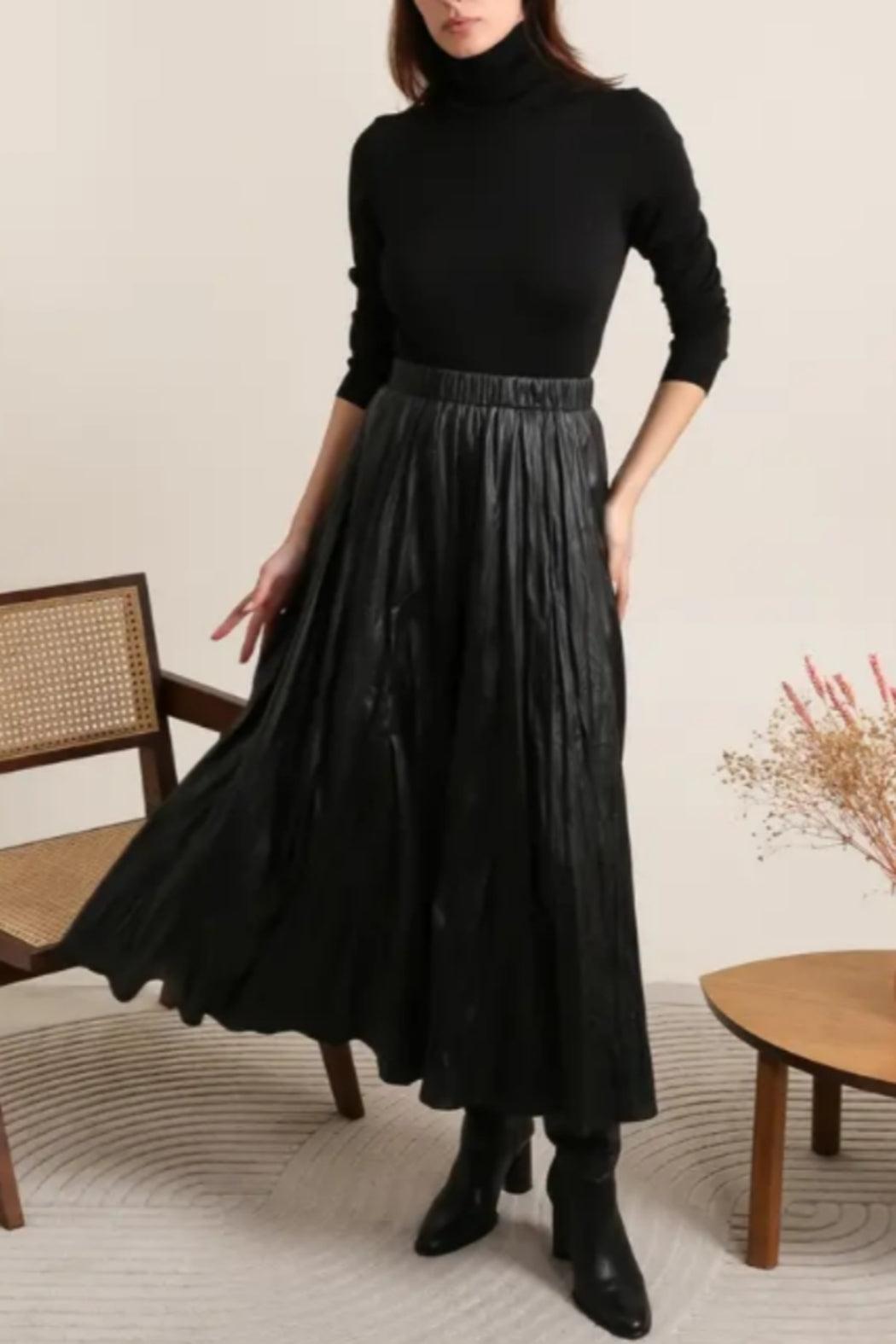 Long Ruched Faux Leather Skirt Product Image