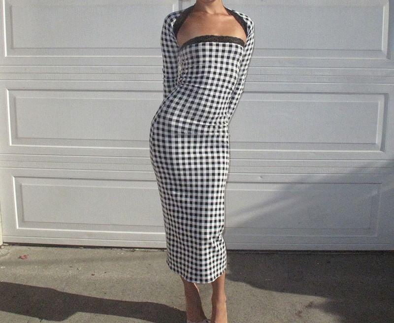 Long-Sleeve Queen Anne Neckline Plaid Maxi Sheath Dress Product Image