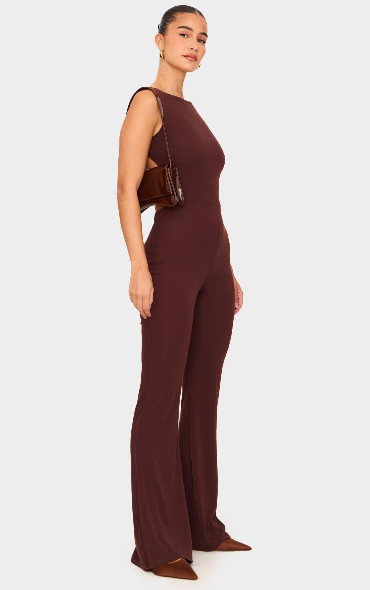 Dark Chocolate Rib Open Back Straight Leg Jumpsuit Product Image