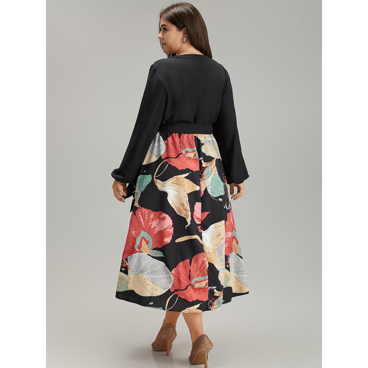 Plus Size Floral Print Patchwork Notched Belted Dress Black Women Elegant Elastic cuffs Notched collar Long Sleeve Curvy Midi Dress BloomChic 14-16/1X Product Image