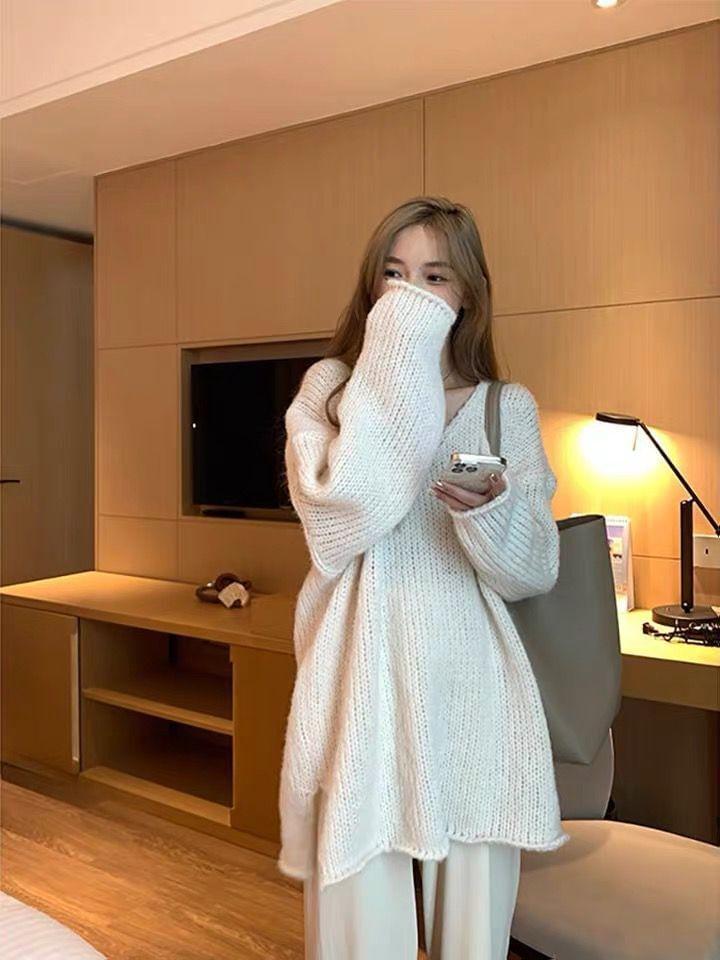 V-Neck Plain Oversized Sweater Product Image