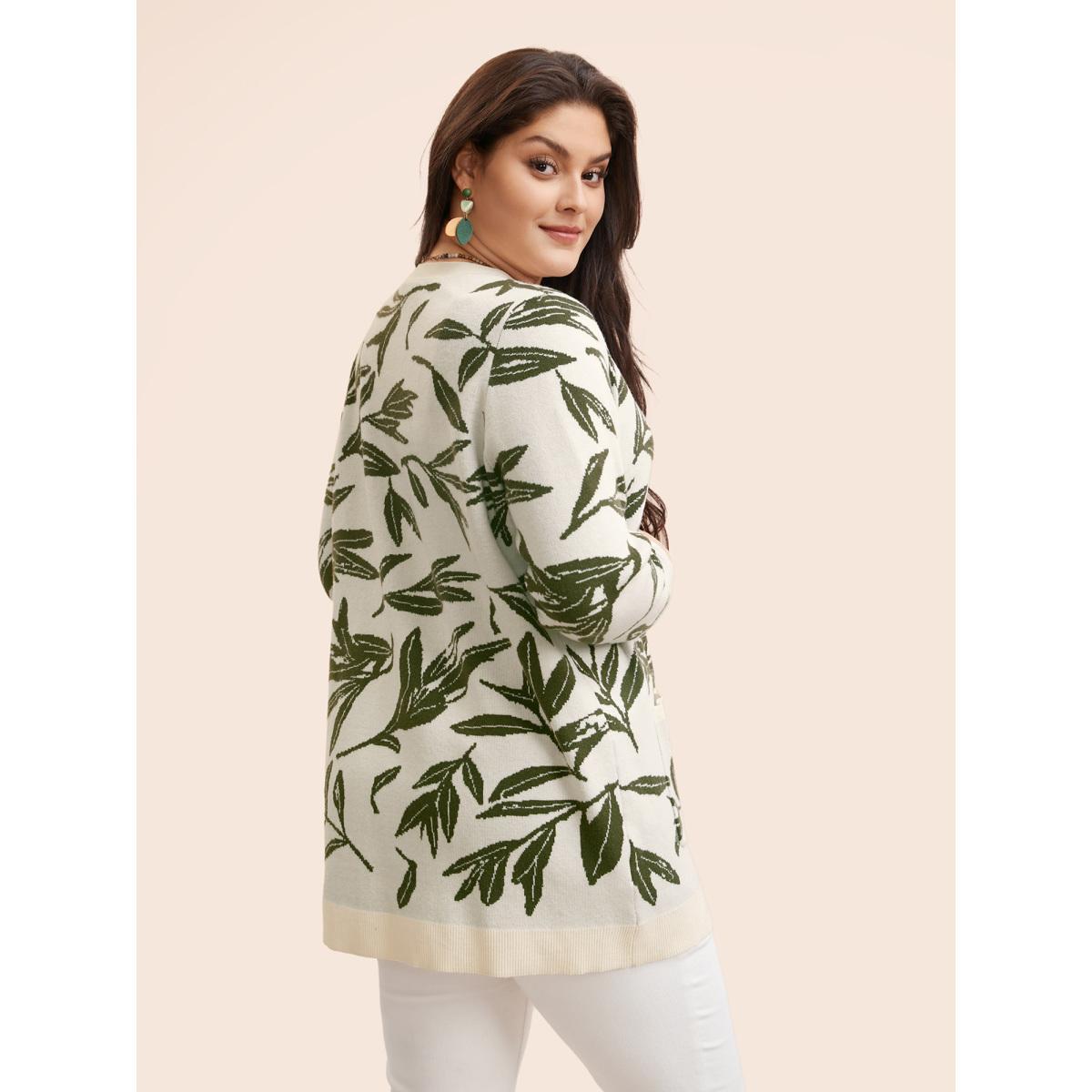 Plus Size Leaf Pattern Patch Pocket Jacquard Cardigan Beige Women Casual Loose Long Sleeve Everyday Cardigans BloomChic 22-24/3X Product Image