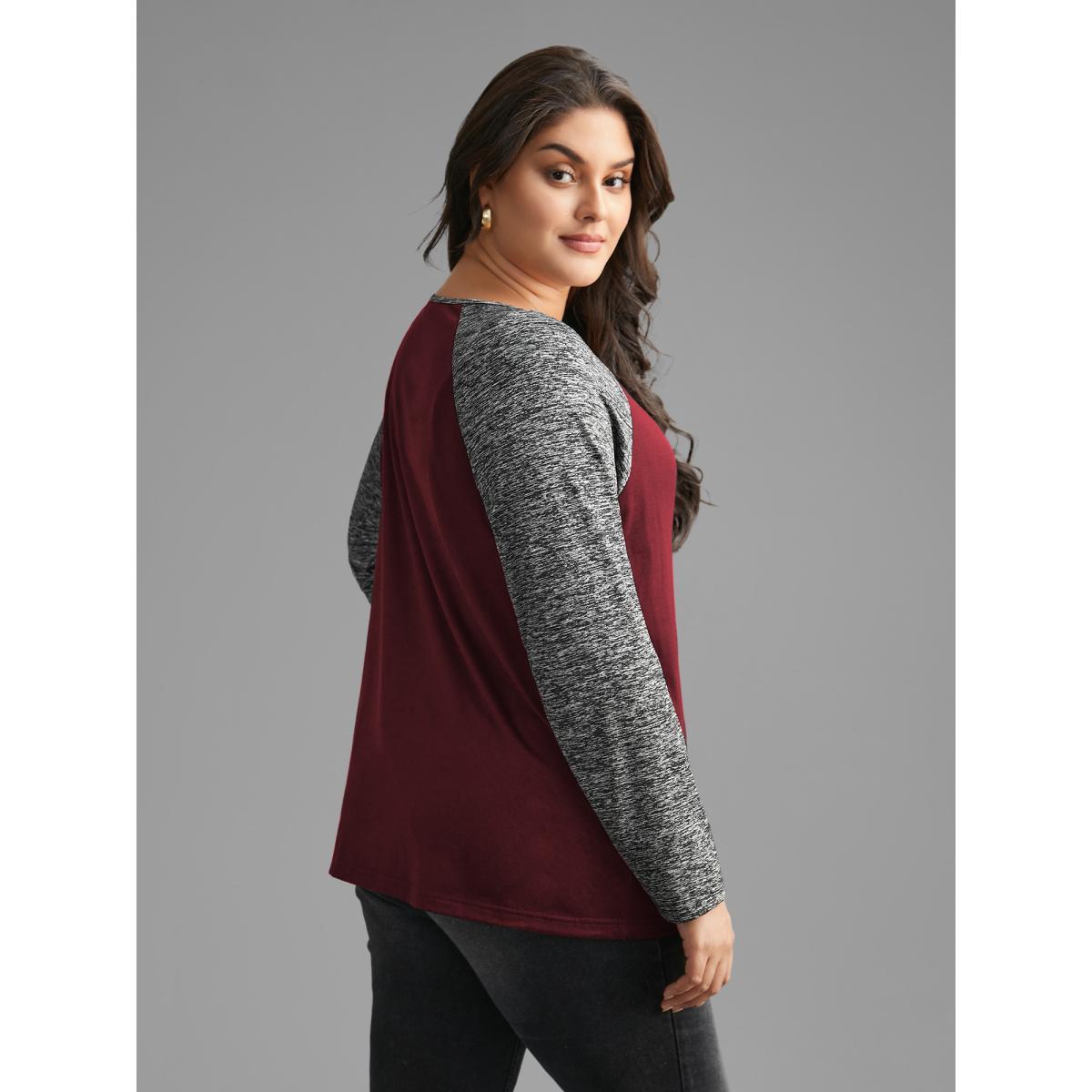Plus Size Heather Patchwork Button Detail Stretchy T-Shirt Burgundy Women Casual Contrast Flat collar with V-notch Everyday T-shirts BloomChic 12/L Product Image