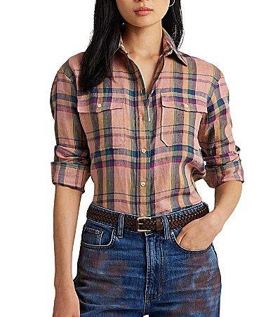 Lauren Ralph Lauren Checked Plaid Linen Shirt (Pink/Blue ) Women's Clothing Product Image