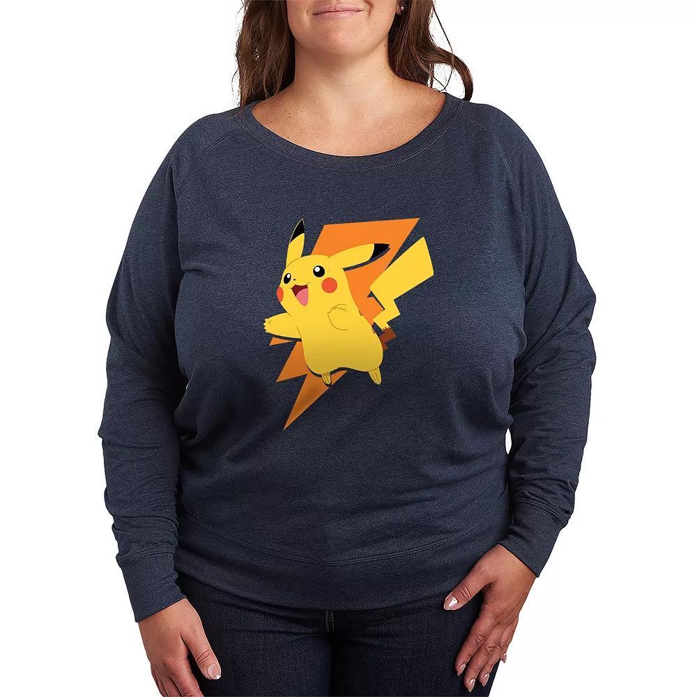 Plus Size Pokemon Pikachu Bolt French Terry Long Sleeve Tee, Womens Grey Indigo Product Image
