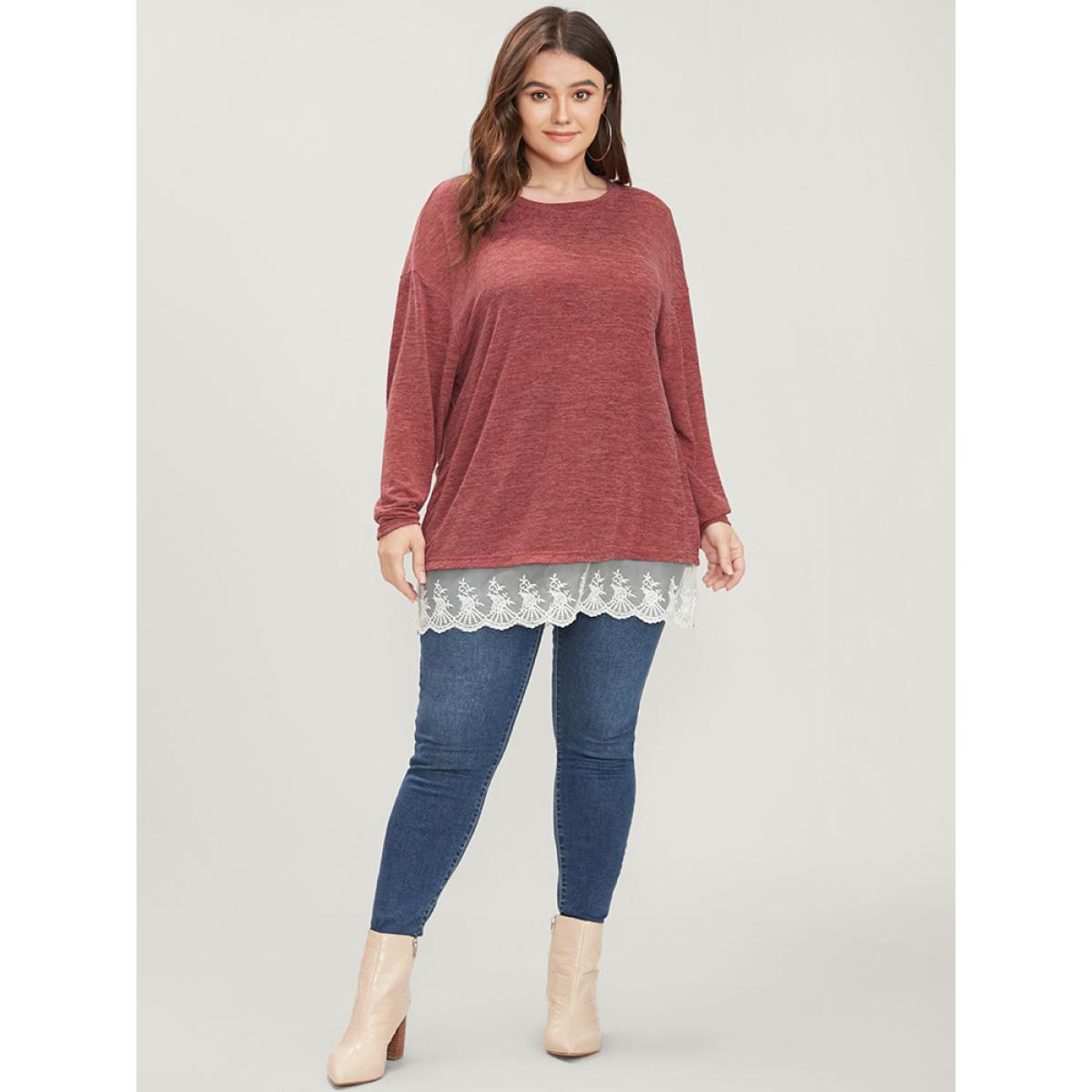 Plus Size Solid Round Neck Lace Hem Long Tee Raspberry Women Elegant Patchwork Plain Round Neck Dailywear T-shirts BloomChic 28/5X Product Image