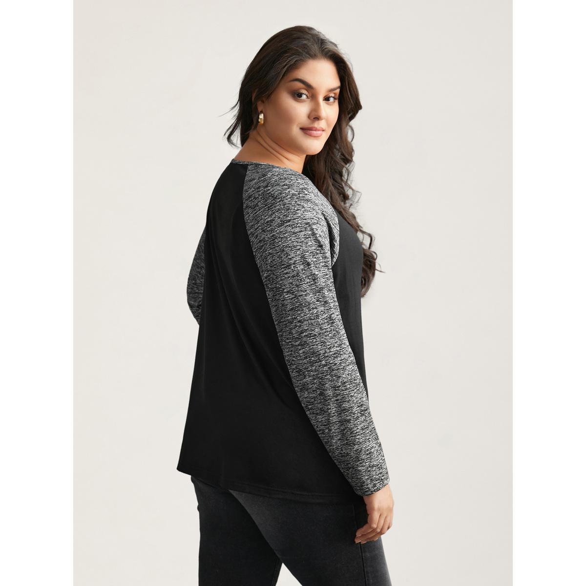 Plus Size Heather Patchwork Button Detail Stretchy T-Shirt Black Women Casual Contrast Flat collar with V-notch Everyday T-shirts BloomChic 26/4X Product Image