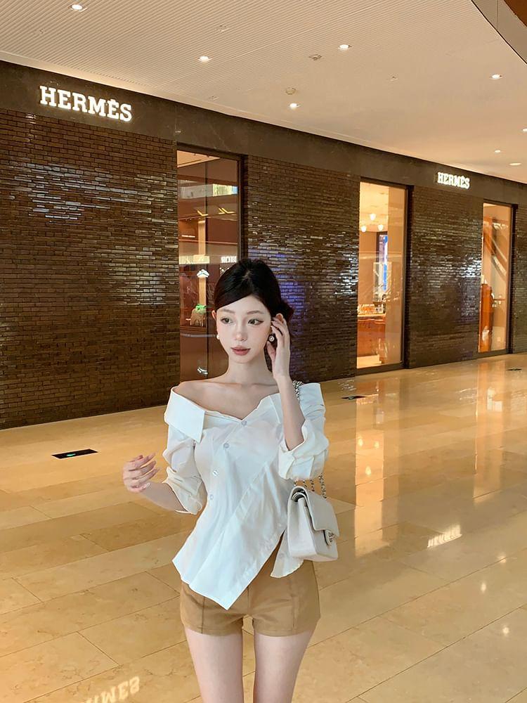 Off Shoulder Long-Sleeve V-Neck Plain Wrap Cropped Blouse Product Image