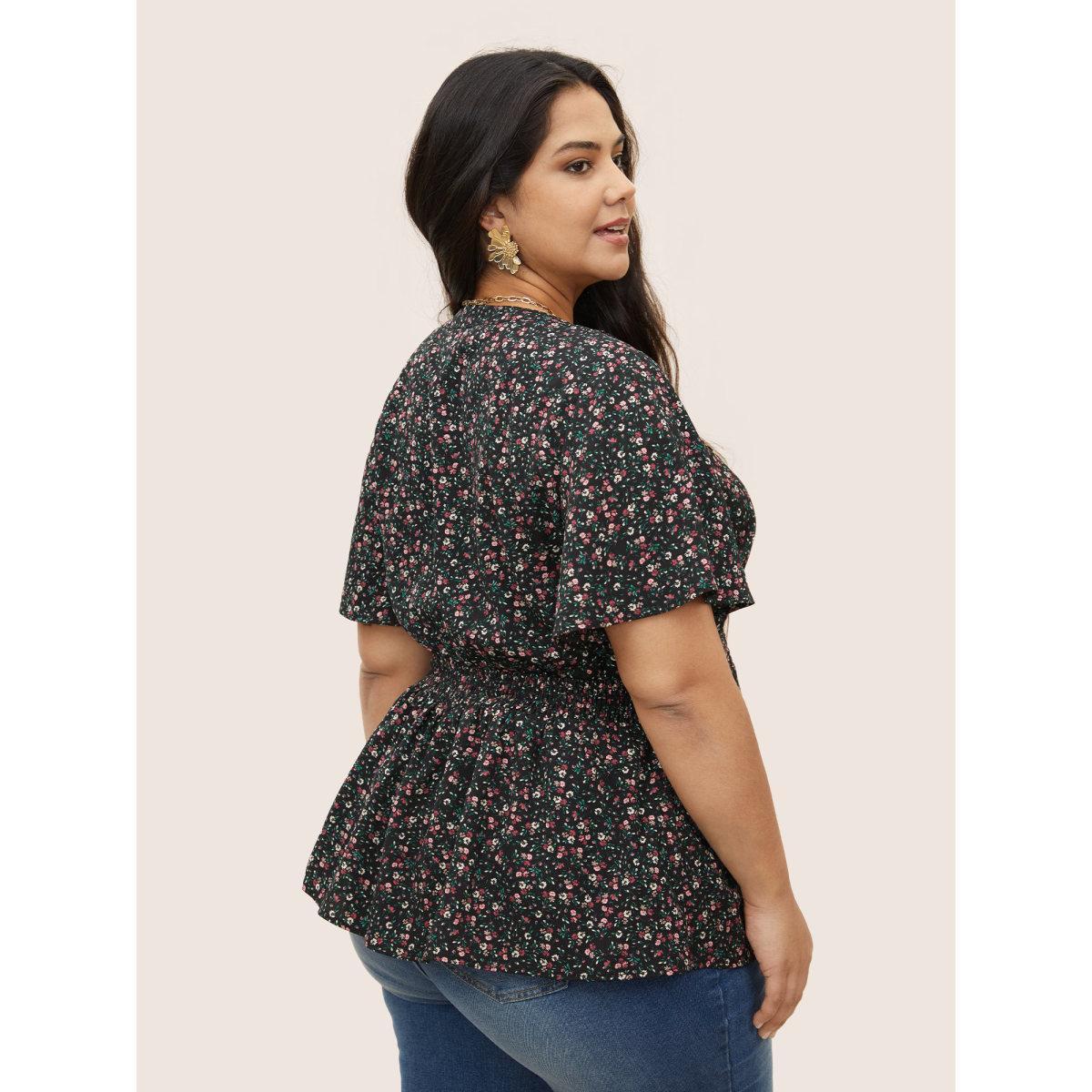 Plus Size Black Ditsy Floral Shirred Frill Trim Blouse Women Elegant Short sleeve Notched collar Everyday Blouses BloomChic 10/M Product Image