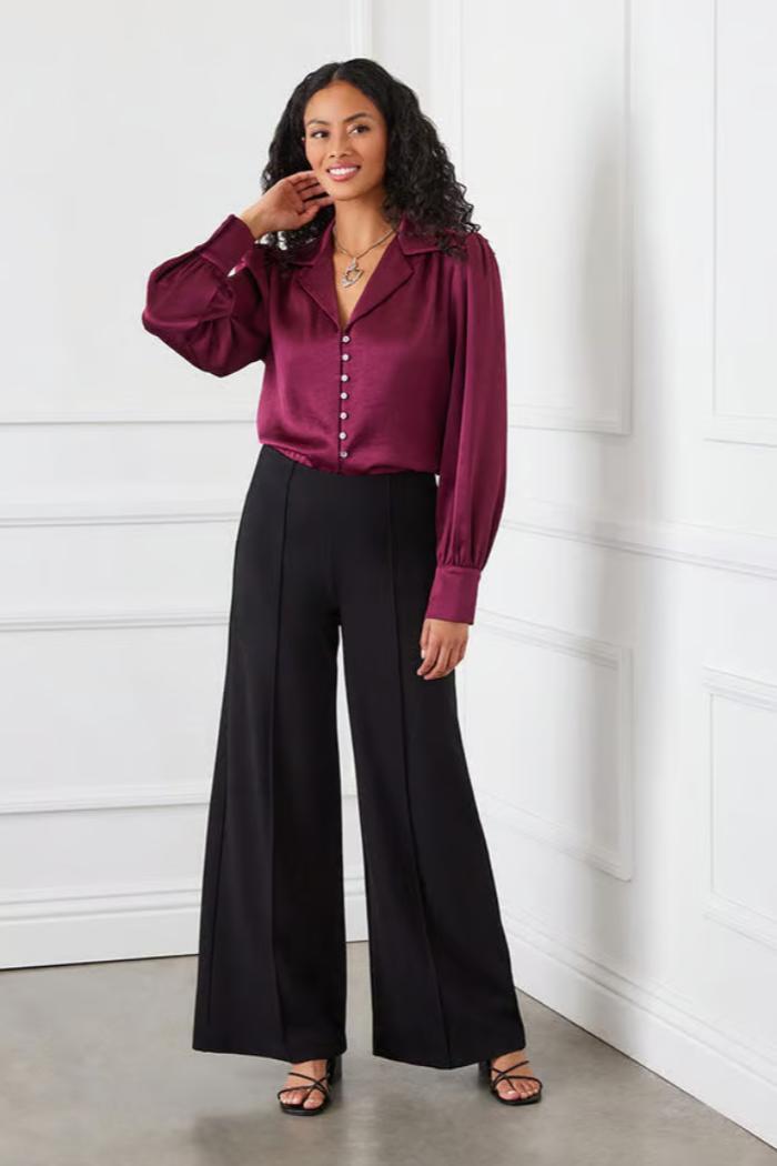 Shirred Satin Blouse - Wine Product Image