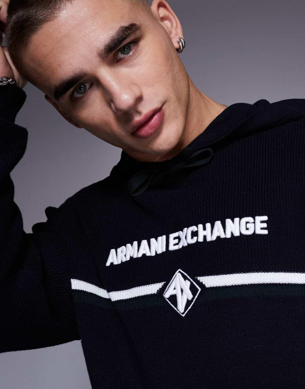 Armani Exchange knit hoodie with chest logo in navy Product Image