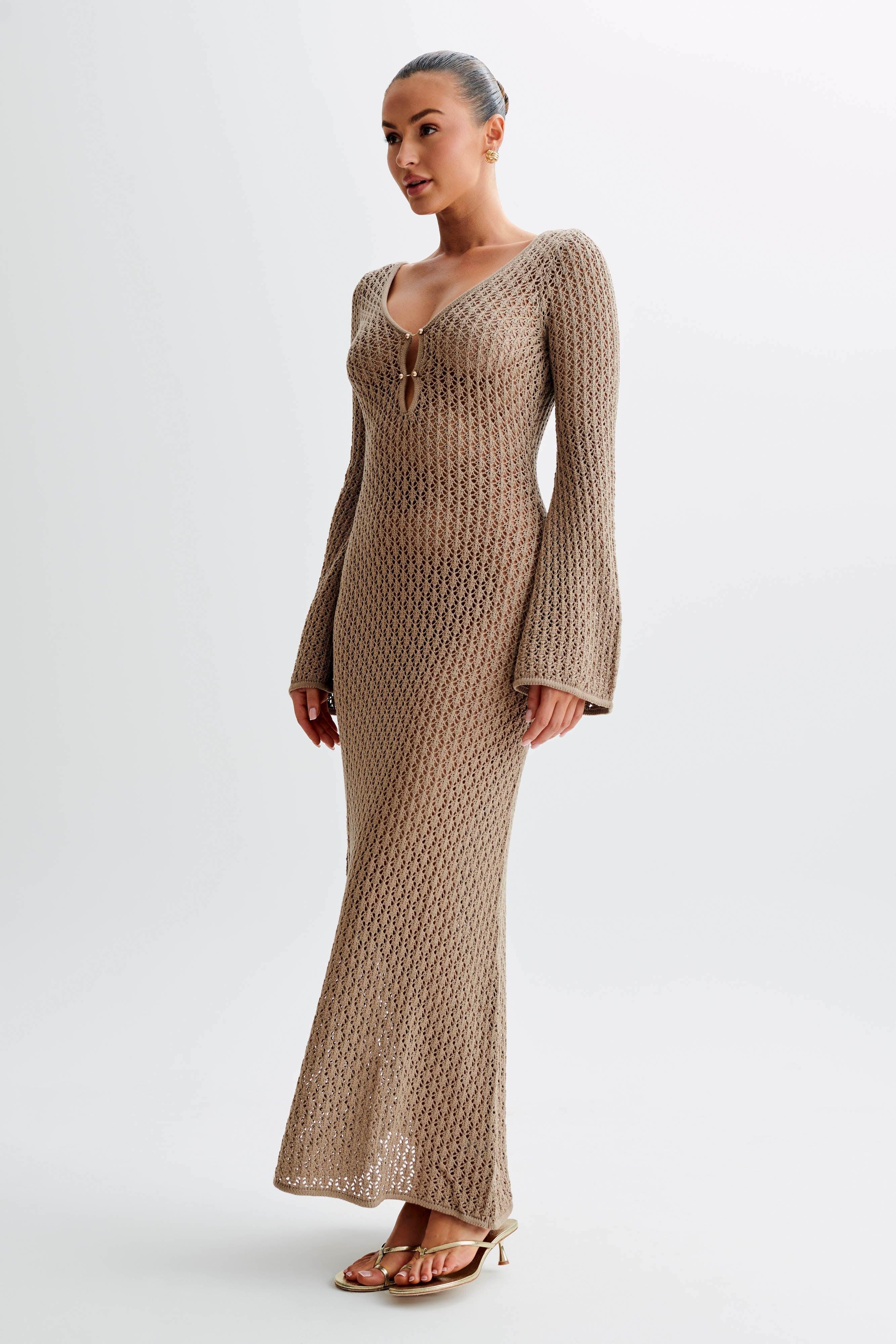 Kayleigh Crochet Fishtail Flare Sleeve Maxi Dress - Taupe Product Image