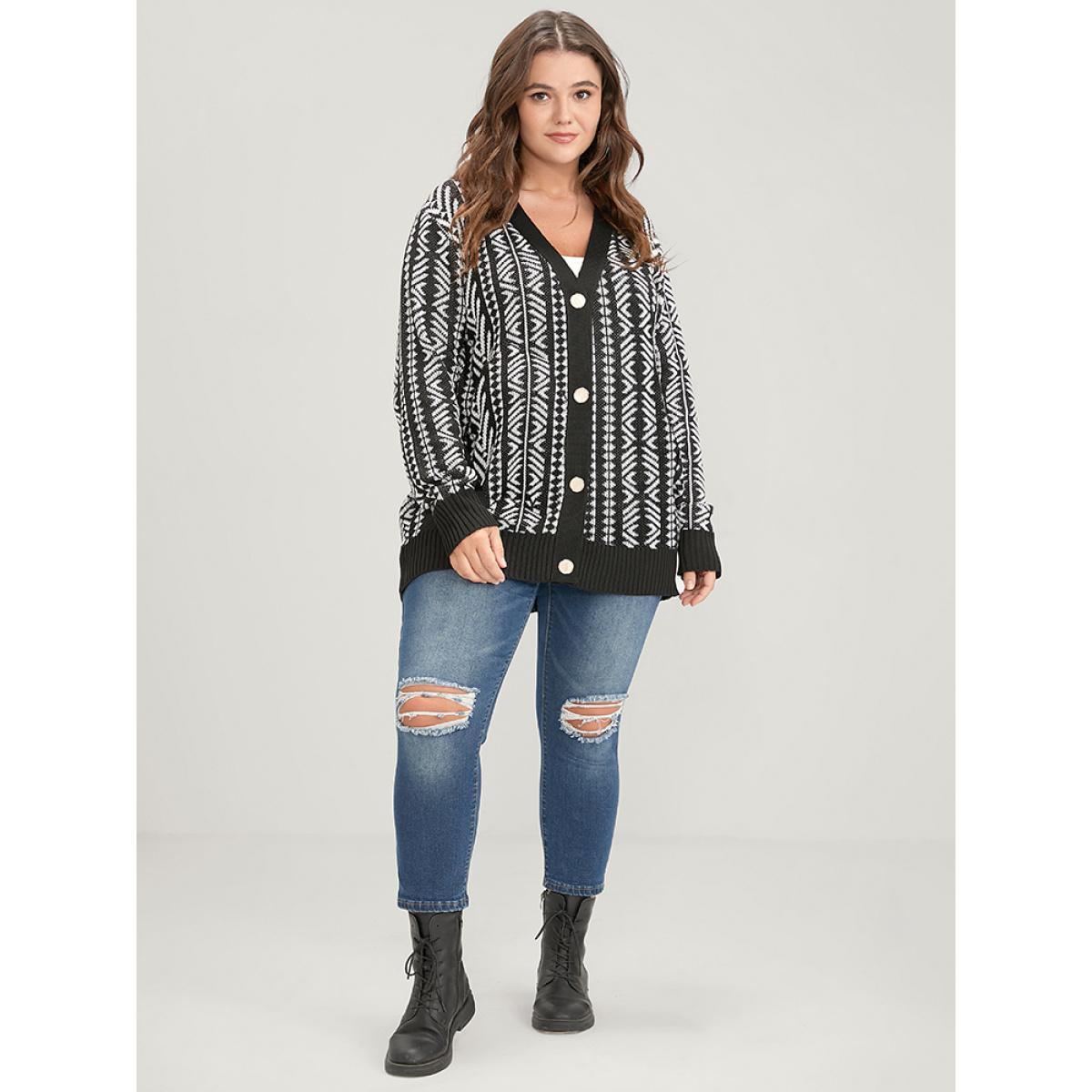 Plus Size Bandana Geometric Pointelle Knit Contrast Button Front Cardigan Black Women Casual Loose Long Sleeve Dailywear Cardigans BloomChic 30/6X Product Image