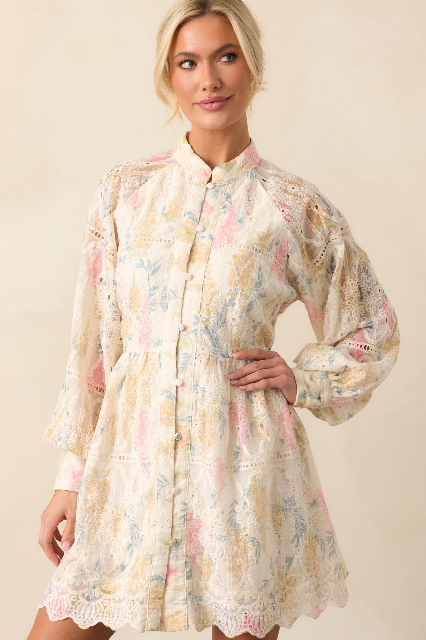 The Art Of Being Ivory Floral Embroidered Eyelet Mini Dress Product Image