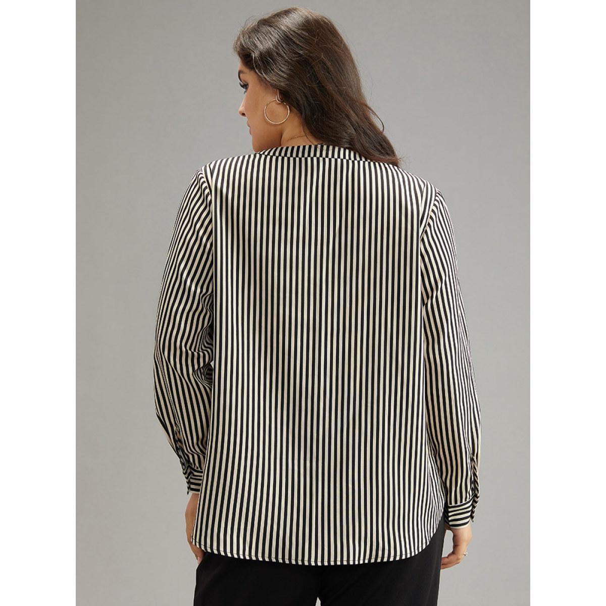 Plus Size LightBrown Striped Notched Button Through Blouse Women Office Long Sleeve Shirt collar Work Blouses BloomChic 22-24/3X Product Image