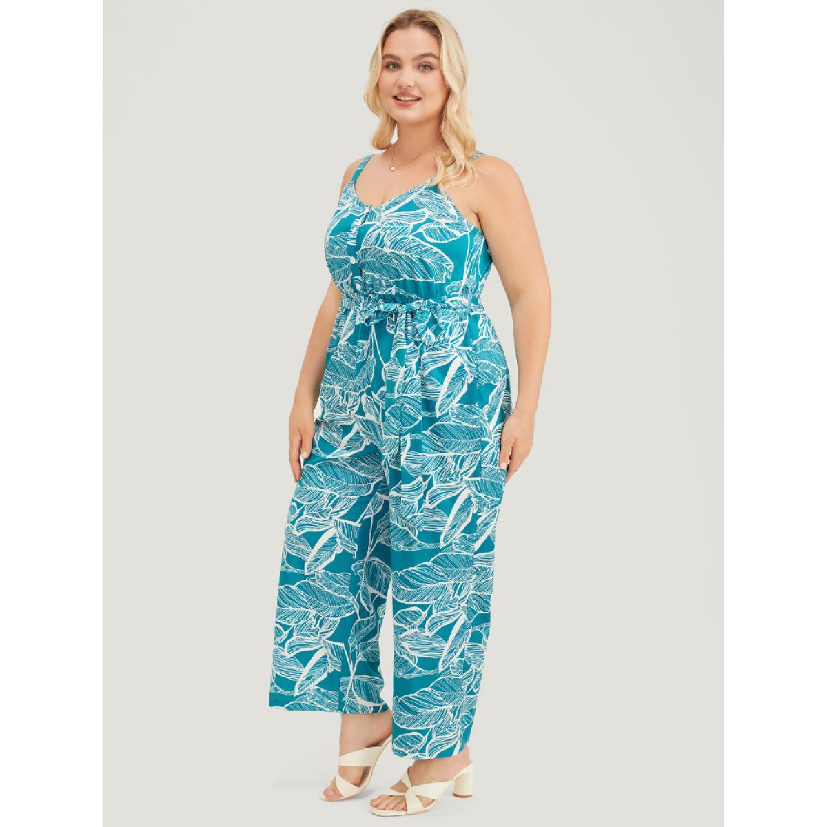 Plus Size Emerald Plant Print Button Through Pocket Belt Cami Jumpsuit Women Vacation Sleeveless Spaghetti Strap Dailywear Loose Jumpsuits BloomChic 18-20/2X Product Image