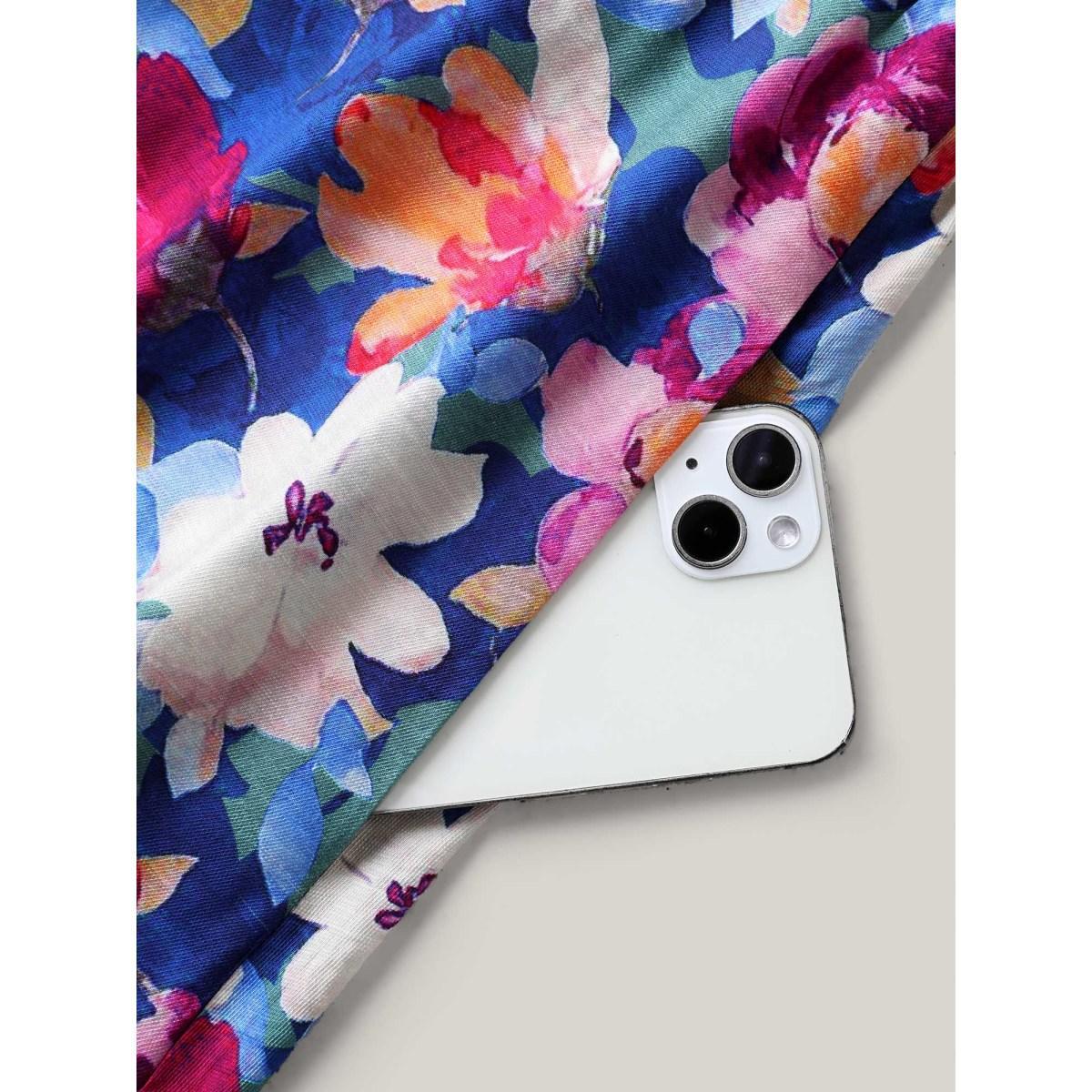 Plus Size Color Block Floral Shirred Waist Midi Dress Multicolor Women Round Neck Sleeveless Curvy BloomChic 14-16/1X Product Image