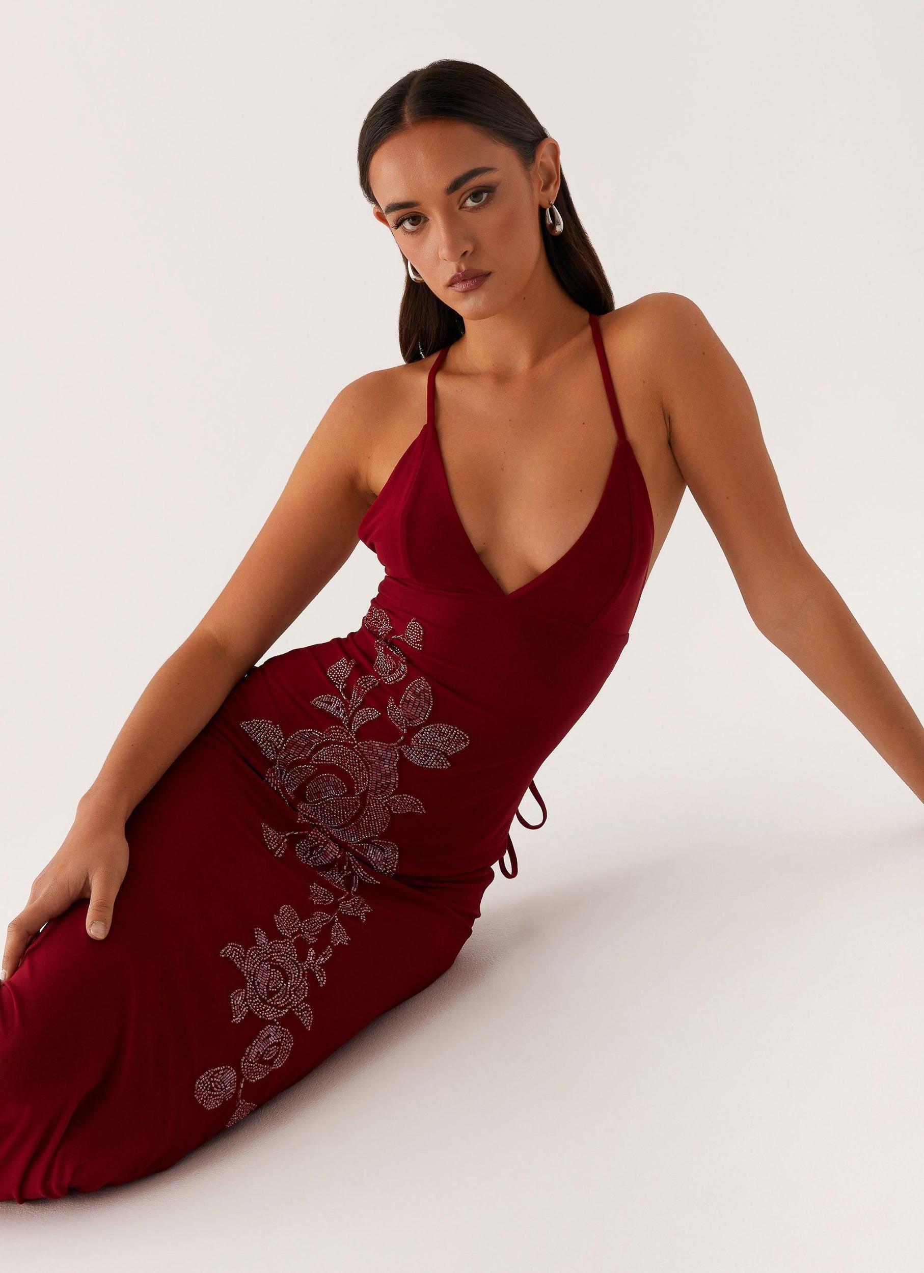 Beki Beaded Mesh Maxi Dress - Deep Red Product Image