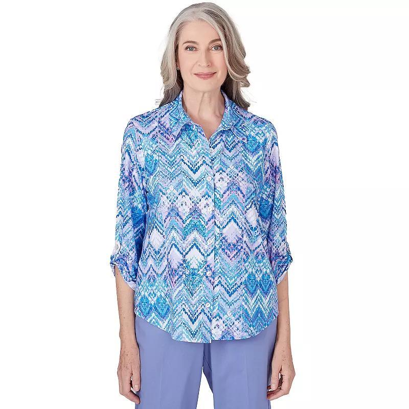 Womens Alfred Dunner Zig-Zag Print Elbow Sleeve Button Down Blouse Product Image