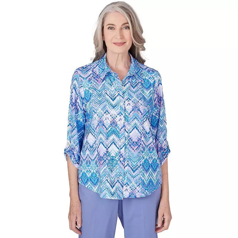 Womens Alfred Dunner Zig-Zag Print Elbow Sleeve Button Down Blouse Product Image