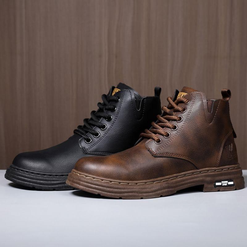 Faux Leather Lace-Up Ankle Boots Product Image