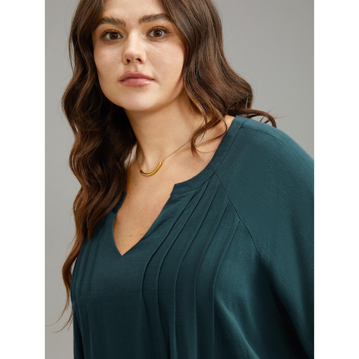 Plus Size Cyan Plain Raglan Sleeve Plicated Detail Blouse Women Office Long Sleeve V-neck Work Blouses BloomChic 28/5X Product Image