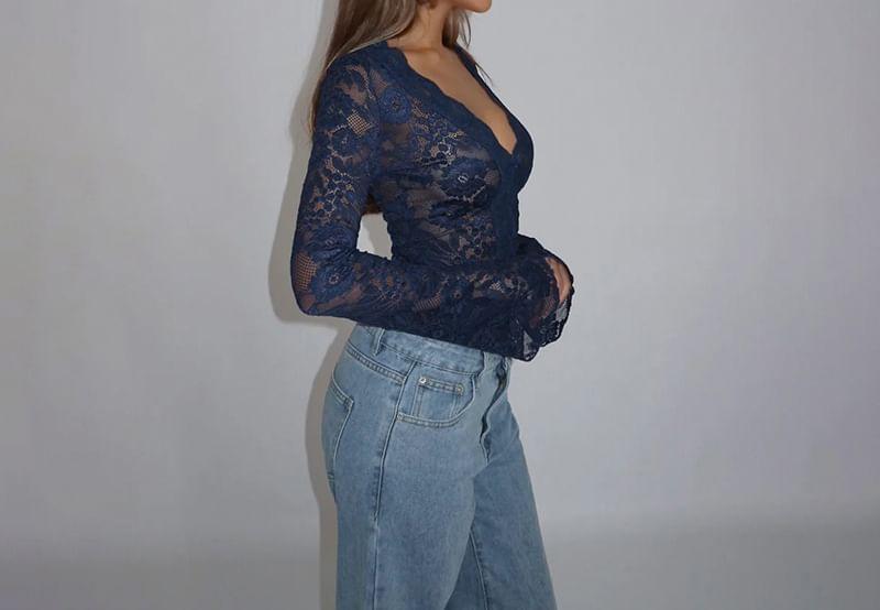 Long Sleeve V-Neck Lace Button Up Cropped Top Product Image